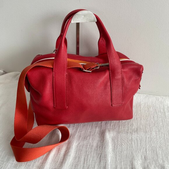 Roots Red Leather Satchel Bag With Stripe Detail - Picture 1 of 16
